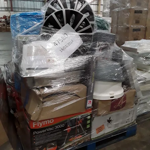 PALLET OF ASSORTED PRODUCTS INCLUDING FAST BOILING KETTLE, CAR WHEEL RIMS, FLYMO LAWN MOWER 
