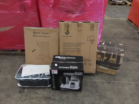 PALLET OF ASSORTED ITEMS INCLUDING: KITCHEN ROBOT, SMART HEATER, BASKET BALL NET, ELECTRIC BLANKET, STEAM CLEANER 