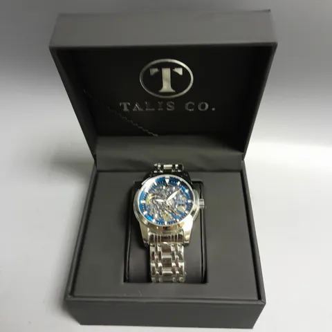 MEN’S TALIS CO 7820 AUTOMATIC WATCH – BLUE SKELETON DIAL AND CASE – STAINLESS STEEL STRAP – GLASS BACKCASE