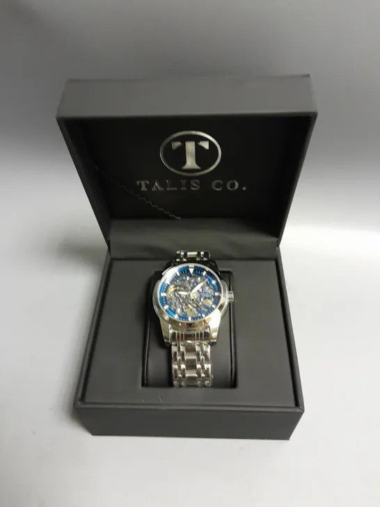 MEN’S TALIS CO 7820 AUTOMATIC WATCH – BLUE SKELETON DIAL AND CASE – STAINLESS STEEL STRAP – GLASS BACKCASE