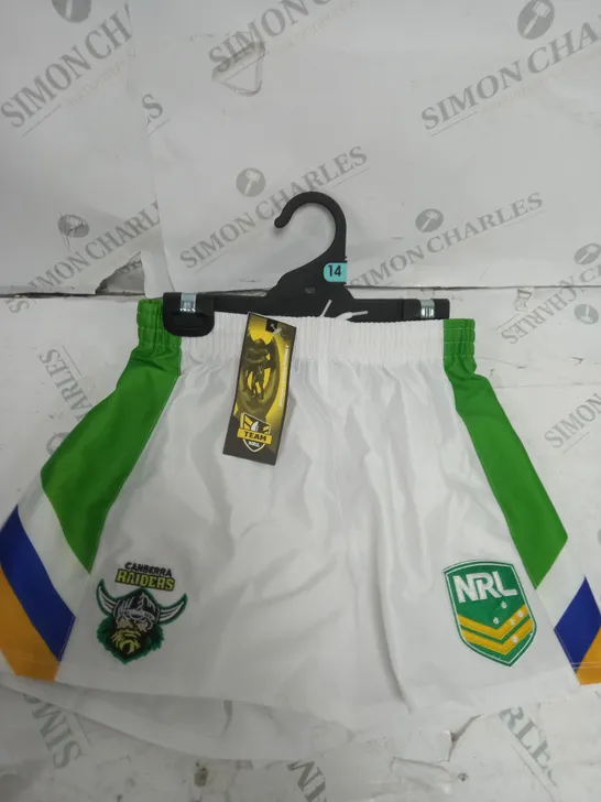 BOYS SIZE 14 RAIDERS SUPPORTER WHITE SHORTS 