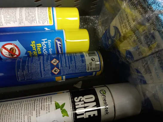 BOX OF APPROX 12 ASSORTED AEROSOLS TO INCLUDE FLEA KILLER, MILKSHAKE LEAVE-IN FOAM, PAINT FACTORY NEON RED SPRAY PAINT, ETC 