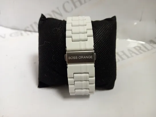 BOSS ORANGE SILVER WATCH WITH RUBBER BRACELET STRAP - WHITE