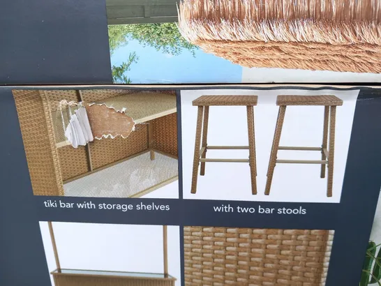 BRAND NEW BOXED TIKI BAR INCLUDING; 2 BAR STOOLS, STRAW EFFECT CANOPY 128CM X 56CM TOUGHENED GLASS BAR TOP, 2 STORAGE SHELVES AND FURNITURE COVER FOR STORAGE