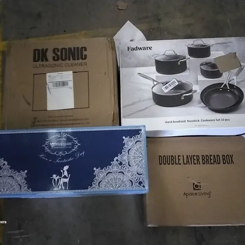 PALLET OF ASSORTED ITEMS INCLUDING DK SONIC ULTRASONIC CLEANER, FADWARE NONSTICK COOKWARE SET, FANQUARE TEA SET, HOME HERO CUTTING BOARD, DOUBLE LAYER BREAD BOX 