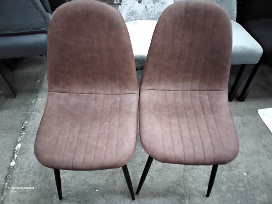 2 DESIGNER BROWN/ RED FAUX LEATHER CHAIRS ON BLACK LEGS