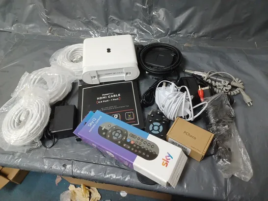  LOT OF VARIOUS ASSORTED HOUSEHOLD ITEMS TO INCLUDE SKY Q REMOTE, AC ADAPTERS, CHARGERS ETC.