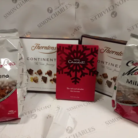 APPROXIMATELY 6 ASSORTED FOOD & DRINK ITEMS TO INCLUDE CAFFE MORRILLO MILANO COFFEE (1kg), HOTEL CHOCOLATE THE ADVENT CALENDAR, THORNTONS THE CONTINENTAL THE TASTE JOURNEY, ETC
