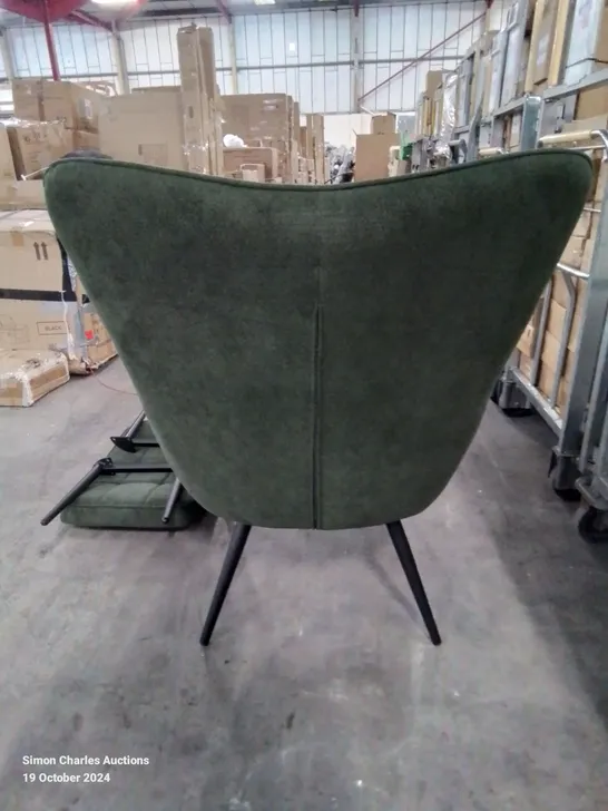 QUALITY DESIGNER GREEN FABRIC UPHOLSTERED ACCENT CHAIR AND FOOTSTOOL