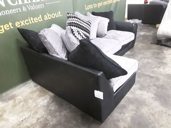 DESIGNER GREY AND BLACK FABRIC CORNER SOFA WITH SCATTER CUSHIONS