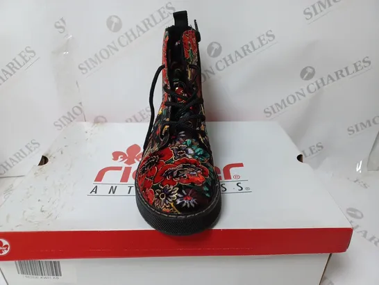 BOXED PAIR OF RIEKER LACE UP BOOTS MULTI/FLORAL PATTERN - SIZE 5 