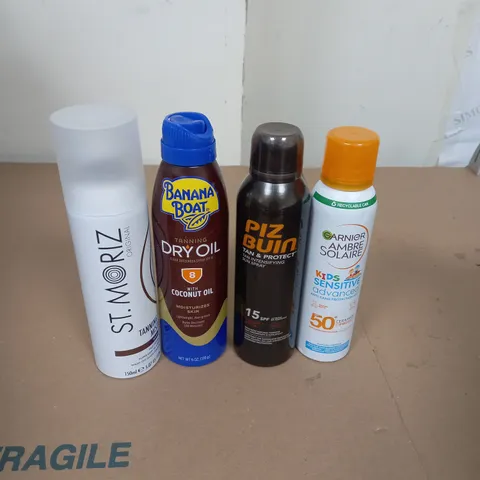 APPROXIMATELY 15 AEROSOL TANNING AND SUNCARE SPRAYS TO INCLUDE GARNIER, PIZ BUIN  AND ST TROPEZ