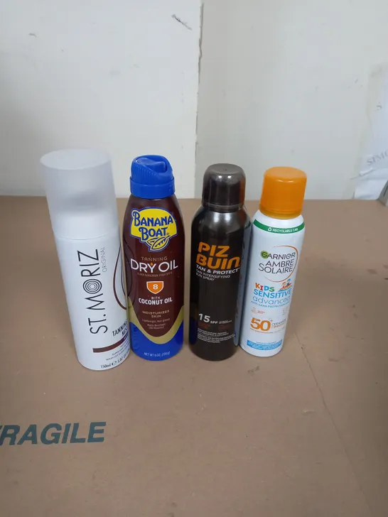 APPROXIMATELY 15 AEROSOL TANNING AND SUNCARE SPRAYS TO INCLUDE GARNIER, PIZ BUIN  AND ST TROPEZ