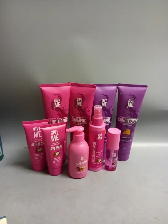 LOT OF 9 GIVE ME HAIR CARE PRODUCTS TO INCLUDE SHAMPOO, CONDITIONER AND HAIR MASK VARIOUS SIZES