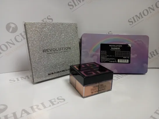 APPROXIMATELY 10 ASSORTED BEAUTY PRODUCTS TO INCLUDE GIVENCHY AIR SENSATION LOOSE POWDER QUARTET, REVOLUTION ILLUSION EYESHADOW, AND REVOLUTION RAINBOW SHADOW PALETTE 