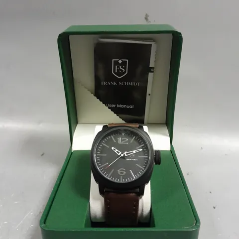 BOXED FRANK SCHMIDT LARGE BLACK CASE BLACK FACE WATCH