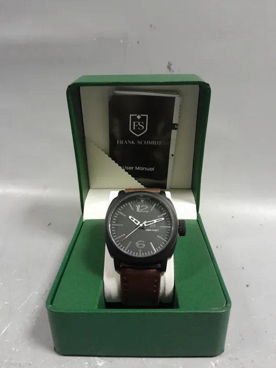 BOXED FRANK SCHMIDT LARGE BLACK CASE BLACK FACE WATCH