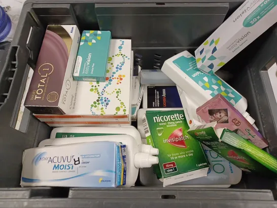 BOX TO CONTAIN APPROX. 25 X ASSORTED VISION CARE & ANTI-SMOKING PRODUCTS. INCLUDES CONTACT LENSES & CLEANING SOLUTION, NICORETTE GUM ETC. - COLLECTION ONLY