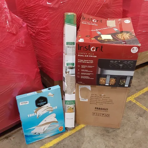 PALLET OF ASSORTED ITEMS INCLUDING: AIR FRYER, BEDSIDE TABLE, RETRACTABLE SAFETY GATE, TOILET SEAT ECT