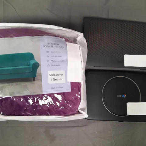 BOX OF APPROXIMATELY 8 ASSORTED HOUSEHOLD ITEMS TO INCLUDE 1 SEATER SOFA COVER, BT ROUTER, TALK TALK ROUTER, ETC