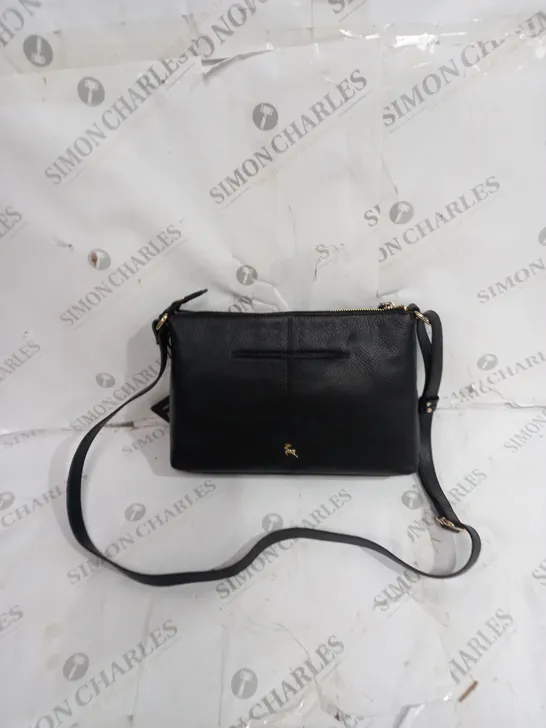 BOXED ASHWOOD LEATHER BAG IN BLACK WITH GOLD ACCENTS AND FLORAL INTERIOR