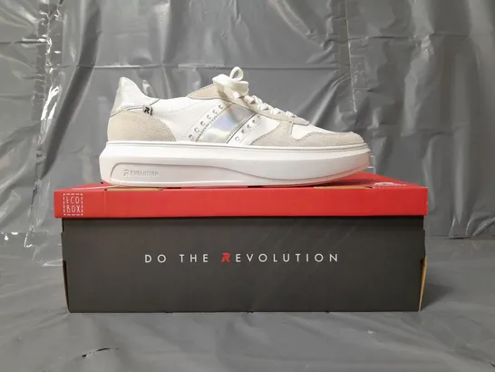 BOXED PAIR OF RIEKER REVOLUTION TRAINERS IN WHITE/PRISMATIC SILVER W. JEWEL EFFECT EU SIZE 39