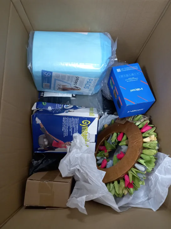 BOX OF APPROXIMATELY 10 ASSORTED ITEMS TO INCLIDE GYMNASTIC BALL, PUPPY TRAINING PADS, NECK BRACE ETC