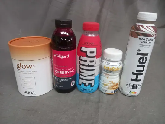 APPROXIMATELY 12 ASSORTED FOOD AND DRINK ITEMS TO INCLUDE HUEL, PRIME, GLOW+, WELLGARD AND ACTAGAIN - COLLECTION ONLY