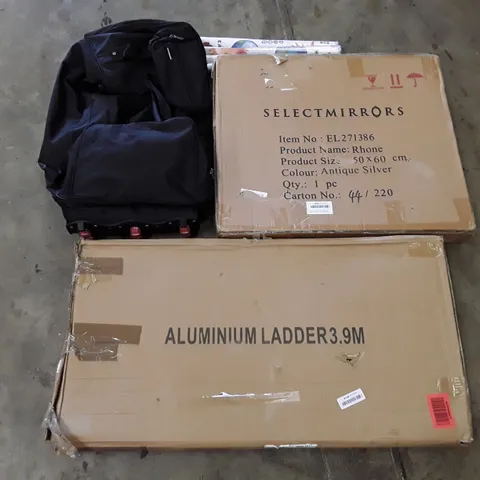 PALLET OF ASSORTED PRODUCTS INCLUDING ALUMINIUM LADDER 3.9M, SELECT MIRRORS, PLANET STICKERS, CARE BAG WITH WHEELS, PLAY PEN 