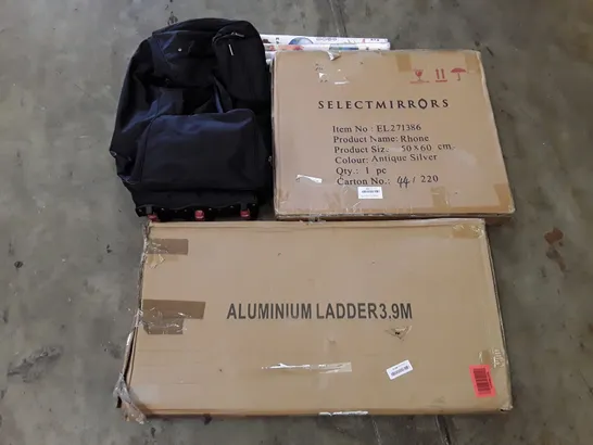 PALLET OF ASSORTED PRODUCTS INCLUDING ALUMINIUM LADDER 3.9M, SELECT MIRRORS, PLANET STICKERS, CARE BAG WITH WHEELS, PLAY PEN 