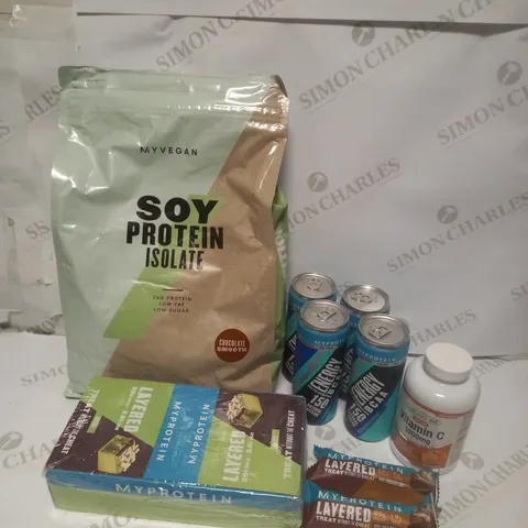 BOX OF  ASSORTED FOOD PRODUCTS - INCLUDING MY VEGAN SOY PROTEIN POWDER ISOLATE, MY PROTEIN BLUE RASPBERRY ENERGY DRINK