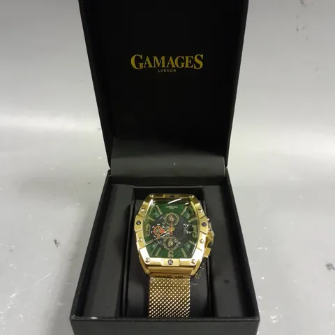 GAMAGES LONDON RESPLENDENCE GOLD COLOUR GREEN DIAL WATCH 