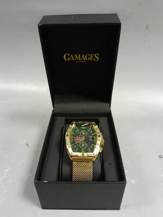 GAMAGES LONDON RESPLENDENCE GOLD COLOUR GREEN DIAL WATCH 