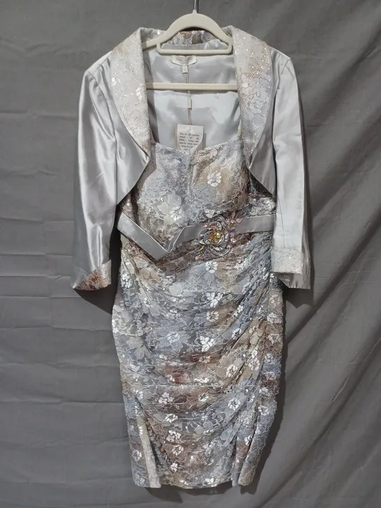 JOHN CHARLES TWO PIECE FLORAL JACKET & DRESS IN SILVER MULTI - SIZE 14