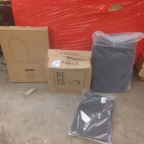 PALLET OF ASSORTED ITEMS INCLUDING TOILET SEAT, WOMENS WETSUIT, TOILET RISER, BACKPACK