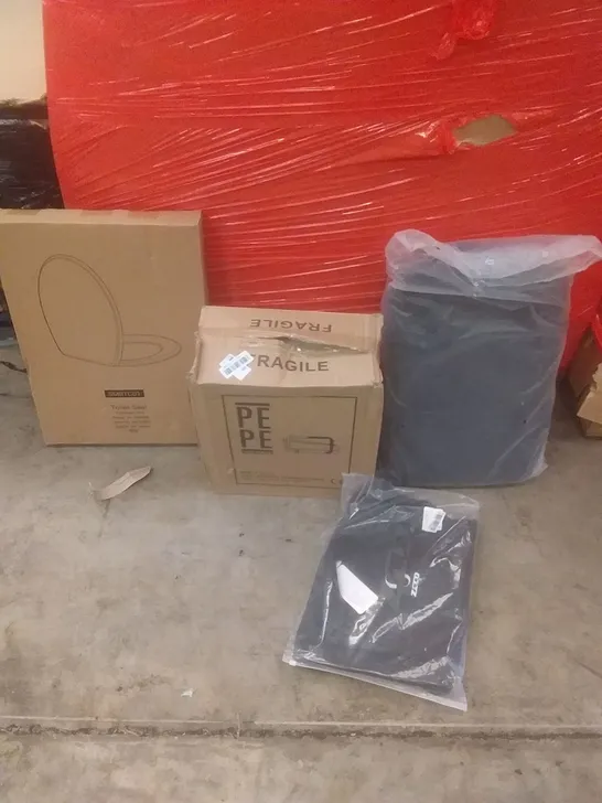 PALLET OF ASSORTED ITEMS INCLUDING TOILET SEAT, WOMENS WETSUIT, TOILET RISER, BACKPACK