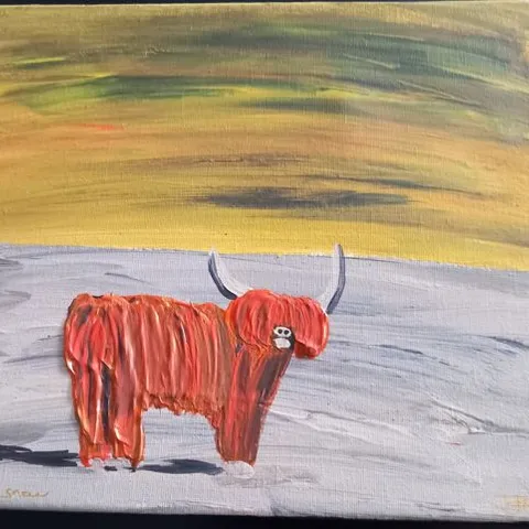 HAIRY COW IN SNOW OIL ON CANVAS SIGNED PAINTING