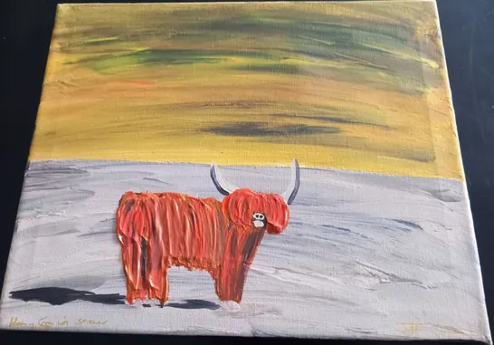 HAIRY COW IN SNOW OIL ON CANVAS SIGNED PAINTING