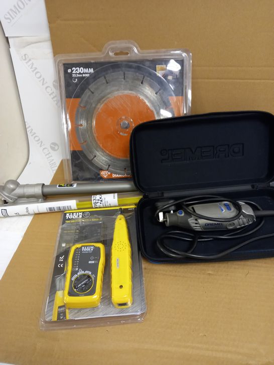 BOX OF ASSORTED ITEMS TO INCLUDE EVOLUTION 230MM PREMIUM DIAMOND BLADE, DREMEL 3000 MULTITOOL, KLEIN TOOLS TONE AND PROBE TESTER, SUPER ROD CR-YX5 1M YELLOW RODS