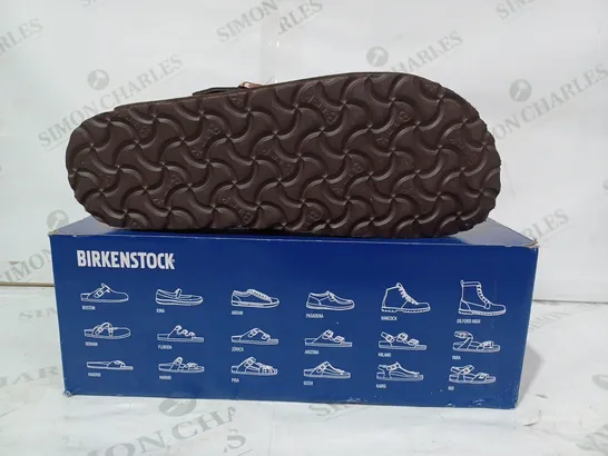 BOXED PAIR OF BIRKENSTOCK FAUX SUEDE SLIP-ON SHOES IN BROWN EU SIZE 44