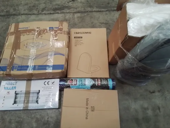 PALLET OF ASSORTED HOUSEHOLD ITEMS TO INCLUDE HANLIM SPEAKER SYSTEM, INSECT KILLER, CEILING FAN AND TOILET SEAT