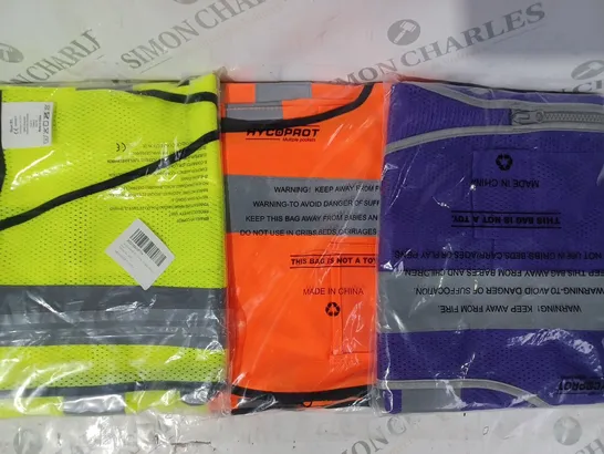 APPROXIMATELY 5 ASSORTED HI-VIS SAFETY VESTS IN VARIOUS COLOURS AND SIZES