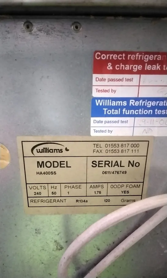 WILLIAMS HA400SS COMMERCIAL REFRIGERATOR 