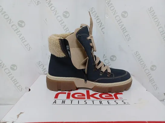 BOXED PAIR OF RIEKER LACE UP CHUNKY BOOTS IN NAVY SIZE 5 