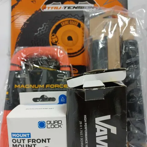 LOT OF 5 ASSORTED PRODUCTS TO INCLUDE QUAD LOCK OUT FRONT MOUNT,  ULAC MAGNUM FORCE ULOCK, ADDICT OG SCOOTER GRIPS, TRU-TENSION BICYCLE GRIME GUARD, & VAVERT INNER TUBE