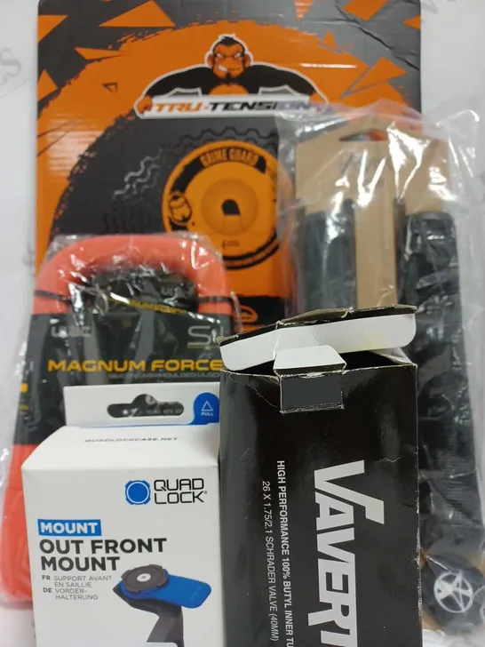 LOT OF 5 ASSORTED PRODUCTS TO INCLUDE QUAD LOCK OUT FRONT MOUNT,  ULAC MAGNUM FORCE ULOCK, ADDICT OG SCOOTER GRIPS, TRU-TENSION BICYCLE GRIME GUARD, & VAVERT INNER TUBE