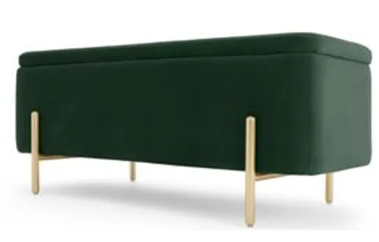 BRAND NEW BOXED MADE ASARE PINE GREEN AND BRASS UPHOLSTERED STORAGE BENCH