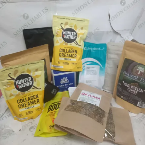 APPROXIMATELY 12 ASSORTED FOOD AND DRINK ITEMS TO INCLUDE HUNTER & GATHER COLLAGEN CREAMER VANILLA (300g), ANCIENT PURITY OINE POLLEN POWDER (300g), BULK PSYLLIUM HUSK POWDSER UNFLAVOURED (500g), ETC