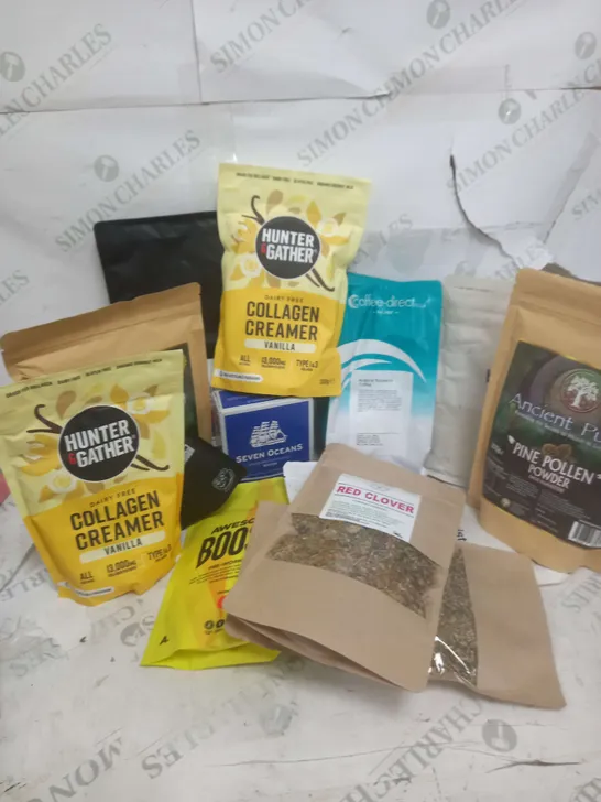 APPROXIMATELY 12 ASSORTED FOOD AND DRINK ITEMS TO INCLUDE HUNTER & GATHER COLLAGEN CREAMER VANILLA (300g), ANCIENT PURITY OINE POLLEN POWDER (300g), BULK PSYLLIUM HUSK POWDSER UNFLAVOURED (500g), ETC