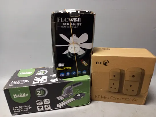 APPROXIMATELY 15 ASSORTED ELECTRICALS TO INCLUDE FLOWER FAN LIGHT, BT MINI CONNECTOR KIT, THE HANDY CORDLESS GRASS & HEDGE TRIMMER, ETC - COLLECTION ONLY